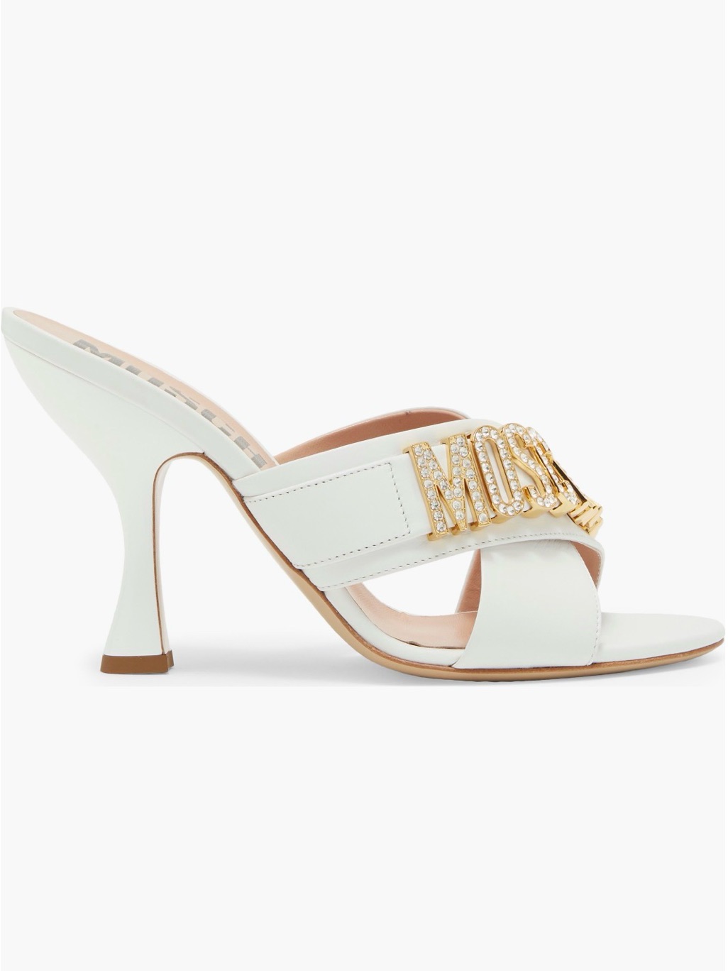 Moschino White Leather Crystal Logo Heel Slides